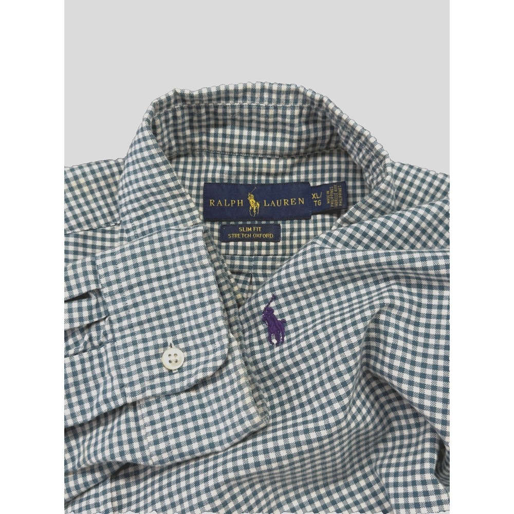 RALPH‎ LAUREN Mens XL Slim Fit Stretch Oxford Green White Gingham Shirt